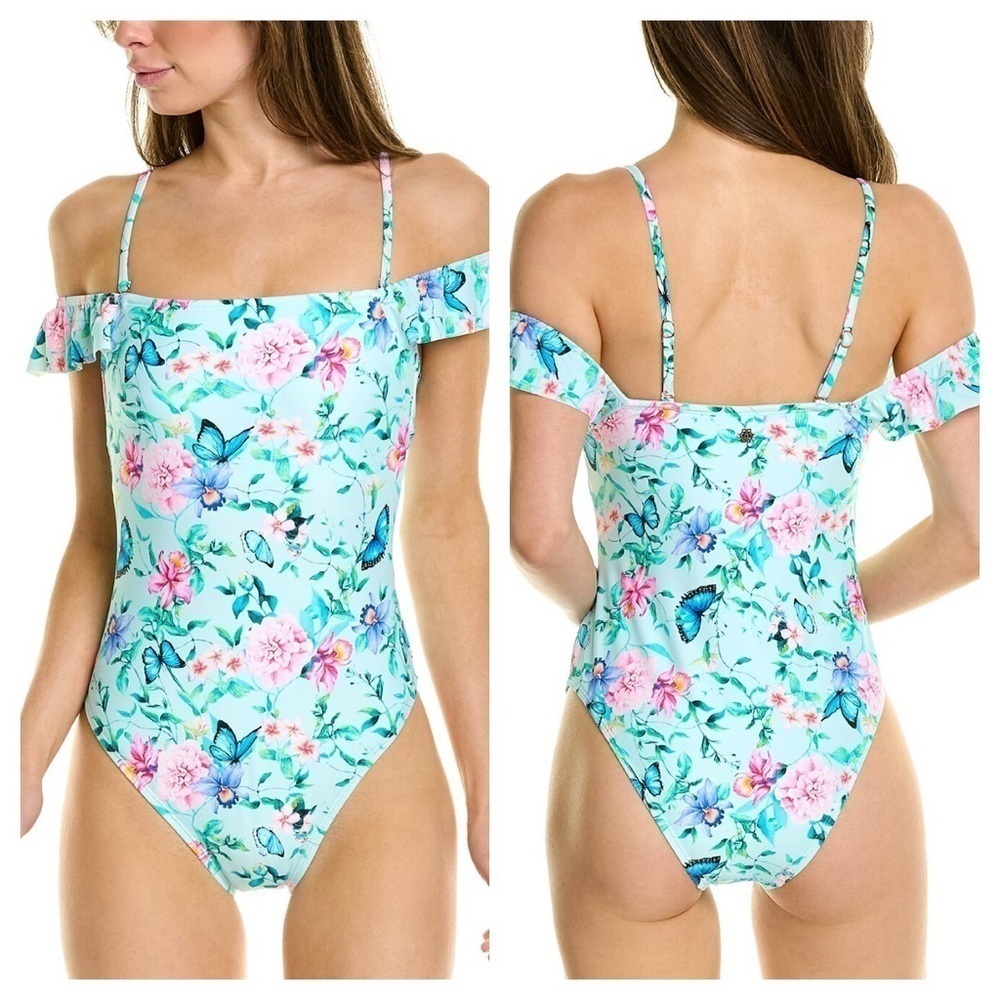 Nanette Lepore One-piece Off Shoulder Swimsuit Butterfly Garden Ruffle 10 NEW
